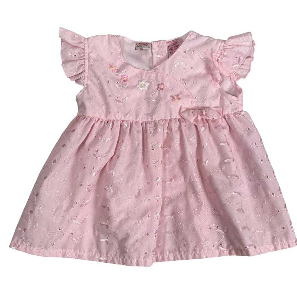 Little Lindsey Pink Eyelet Embroidered Floral Dress Ruffles Bow 24M Vintage 90s